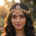 Load image into Gallery viewer, Gold-Plated American Diamond-Studded & Beaded Rajasthani Maangtika