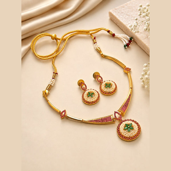 Gold-Plated Ad Cz Ruby Emerald-Studded & Pearl Studded Jewellery Set