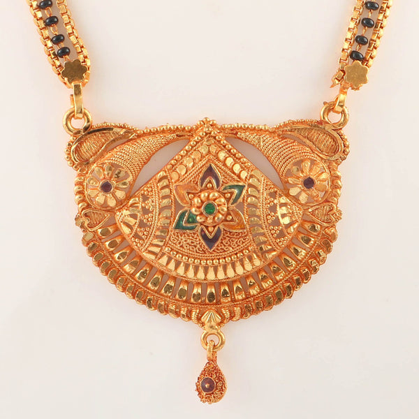Gold Plated Handmade Meena Work Geru Black Beads Mangalsutra For Women