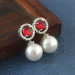 Load image into Gallery viewer, Silver-Plated Cubic Zirconia Studded & Pearls Beaded Circular Drop Earrings