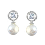 Load image into Gallery viewer, Silver-Plated Cubic Zirconia Studded & Pearls Beaded Circular Drop Earrings