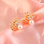 Load image into Gallery viewer, 18 Kt Gold Plated Pearl & Cubic Zirconia Studded Sunburst Pendant Necklace Set