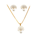 Load image into Gallery viewer, 18 Kt Gold Plated Pearl & Cubic Zirconia Studded Sunburst Pendant Necklace Set