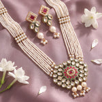 Load image into Gallery viewer, Gold-Plated & White Kundan Stone-Studded Pearl Beaded Jewellery Set