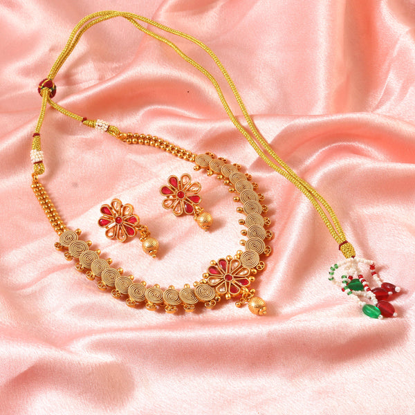 Vintage Floral Ruby Choker Set - Antique Gold Plated Jewellery for Festive Wear