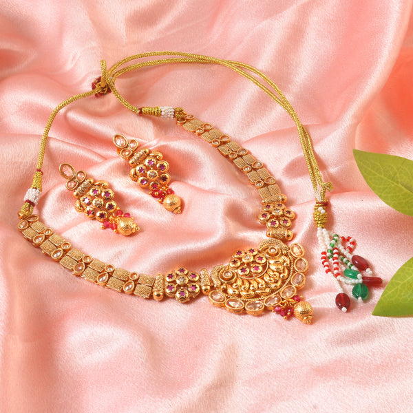 Premium Gold-Plated Ethnic Choker Set with Intricate Floral Motif and Stone Droplets