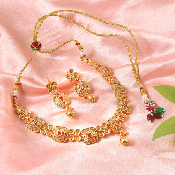 Ethnic Jewelry Set: Handcrafted Gold-Toned Choker with Pink Stone Embellishments and Jhumka Earrings