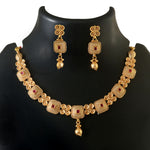 Load image into Gallery viewer, Ethnic Jewelry Set: Handcrafted Gold-Toned Choker with Pink Stone Embellishments and Jhumka Earrings