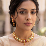 Load image into Gallery viewer, Traditional Matte Gold-Plated Choker Necklace Set with Multi-Color Ruby & Emerald Stones