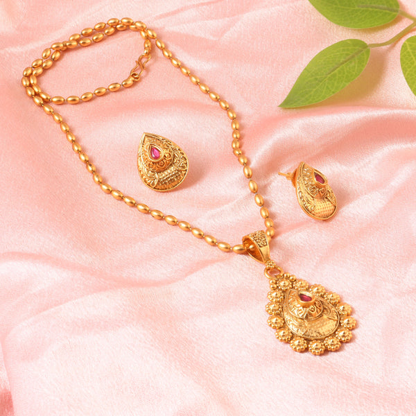 Traditional Gold-Plated Long Pendant Necklace Set with Ruby & Emerald Accents