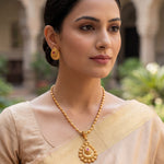 Load image into Gallery viewer, Traditional Gold-Plated Long Pendant Necklace Set with Ruby & Emerald Accents