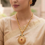 Load image into Gallery viewer, Traditional Gold-Plated Long Pendant Necklace Set with Ruby & Emerald Accents