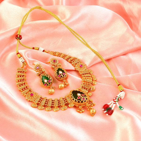 Gold-Tilted Heritage Ethnic Choker Necklace Set with Emrald Dark Green and Ruby Red Sones