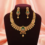 Load image into Gallery viewer, Gold-Tilted Heritage Ethnic Choker Necklace Set with Emrald Dark Green and Ruby Red Sones