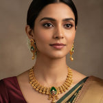 Load image into Gallery viewer, Gold-Tilted Heritage Ethnic Choker Necklace Set with Emrald Dark Green and Ruby Red Sones