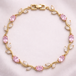 Load image into Gallery viewer, Gold-Toned Baby Pink Stone & White Leaf Floral Tulip Bracelet