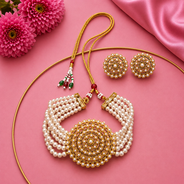White Gold Plated Pearl Work Choker For Women