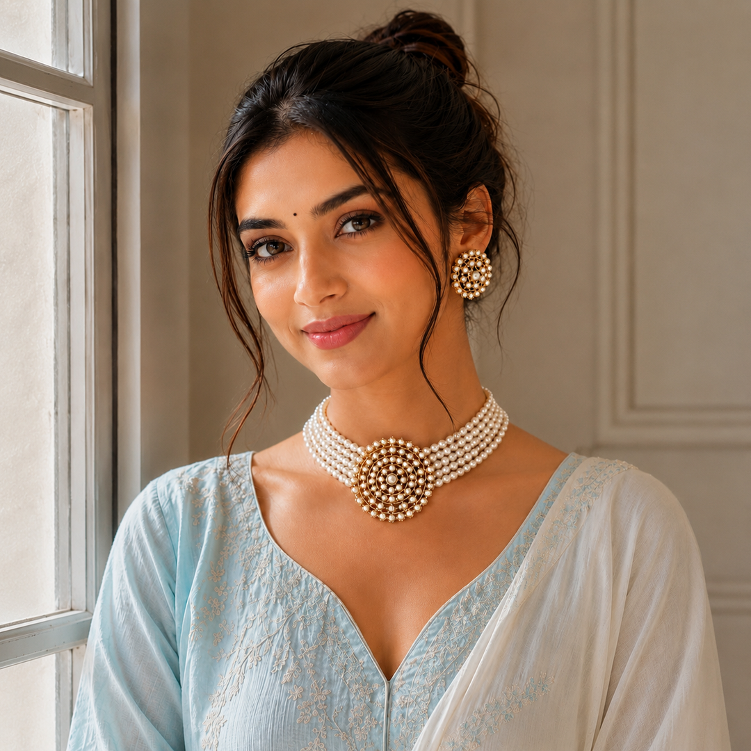 White Gold Plated Pearl Work Choker For Women