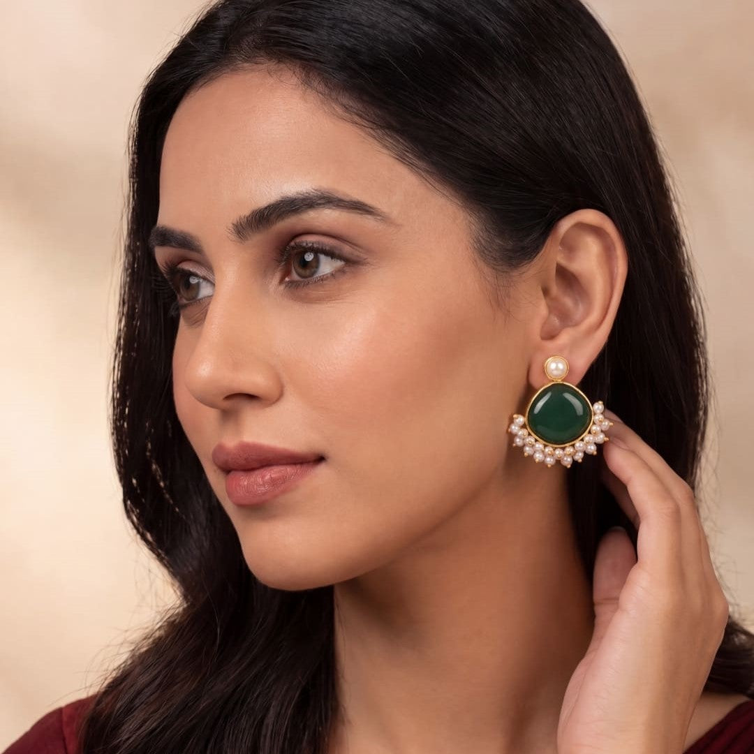 Opal Stone & Pearl Fringe Gold-Toned Stud Earrings