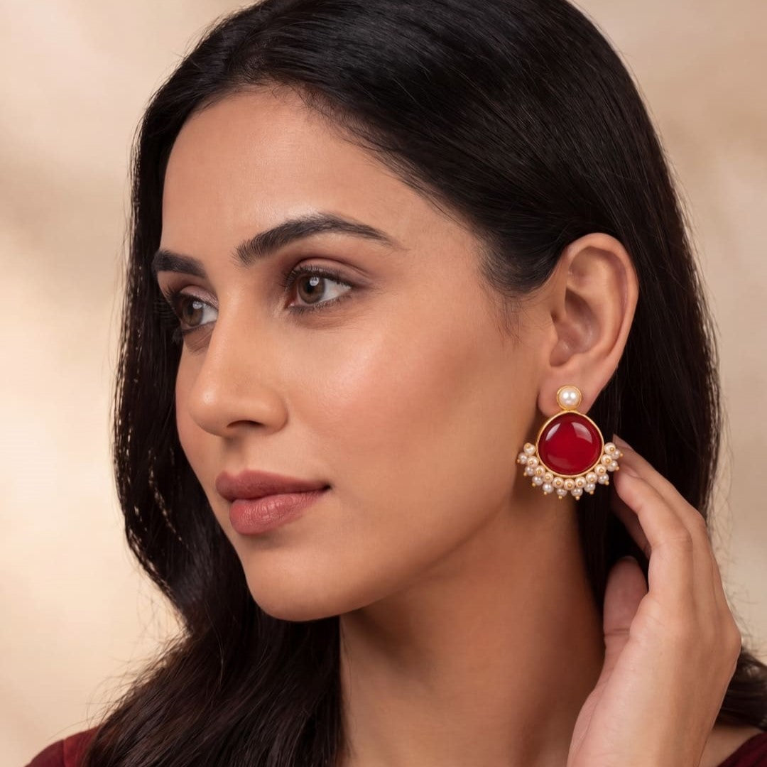 Opal Stone & Pearl Fringe Gold-Toned Stud Earrings