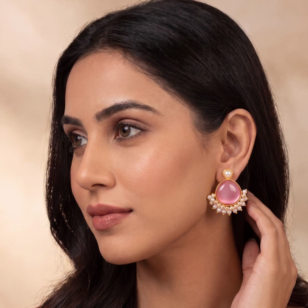 Opal Stone & Pearl Fringe Gold-Toned Stud Earrings
