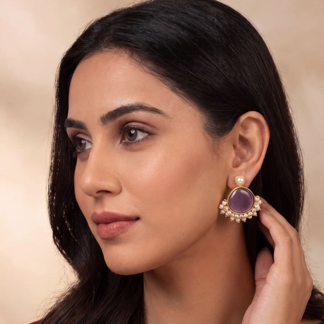 Opal Stone & Pearl Fringe Gold-Toned Stud Earrings