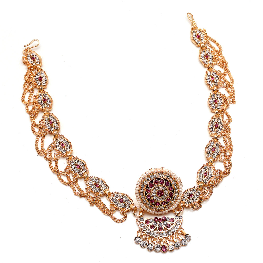 Gold-Plated American Diamond-Studded & Beaded Rajasthani Maangtika