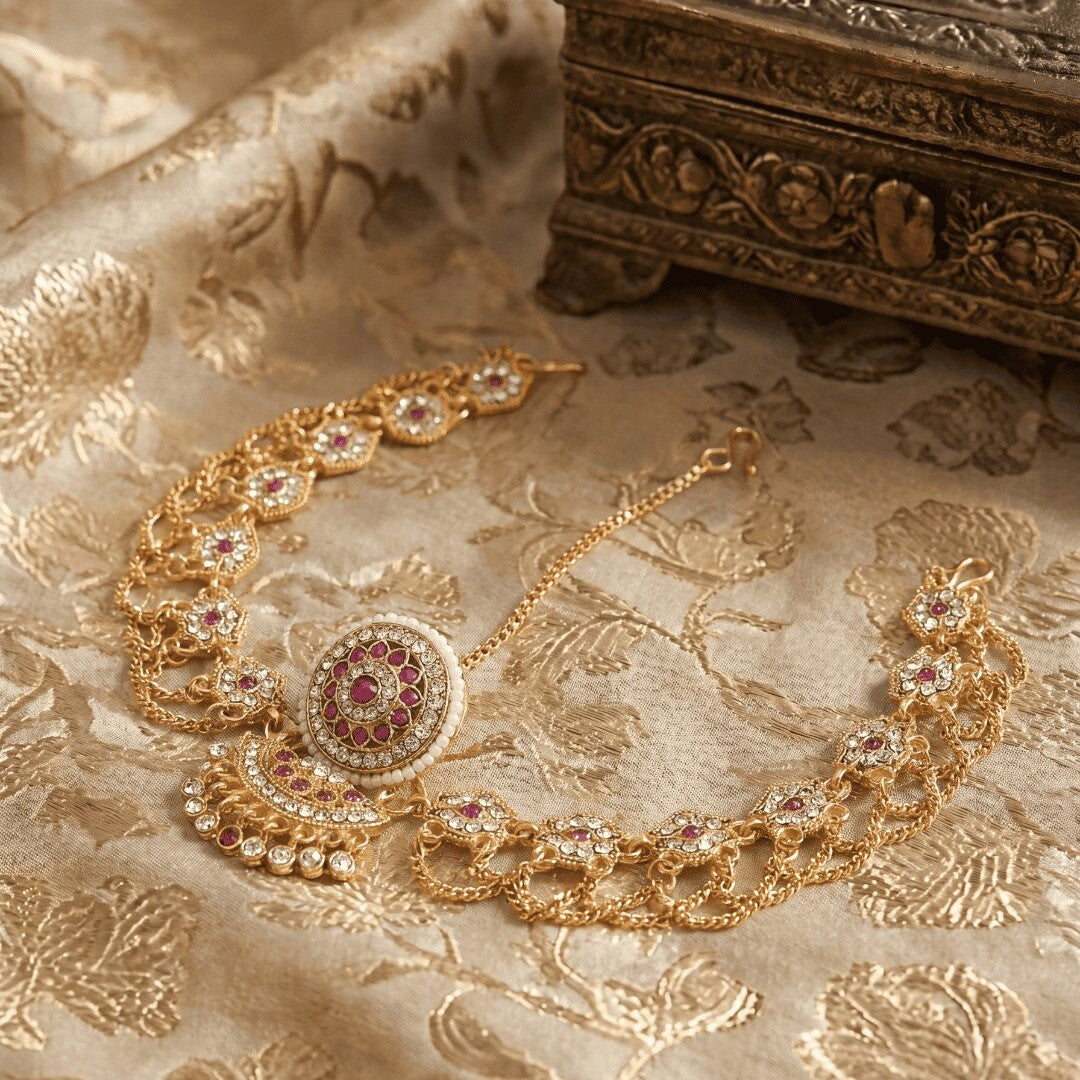 Gold-Plated American Diamond-Studded & Beaded Rajasthani Maangtika