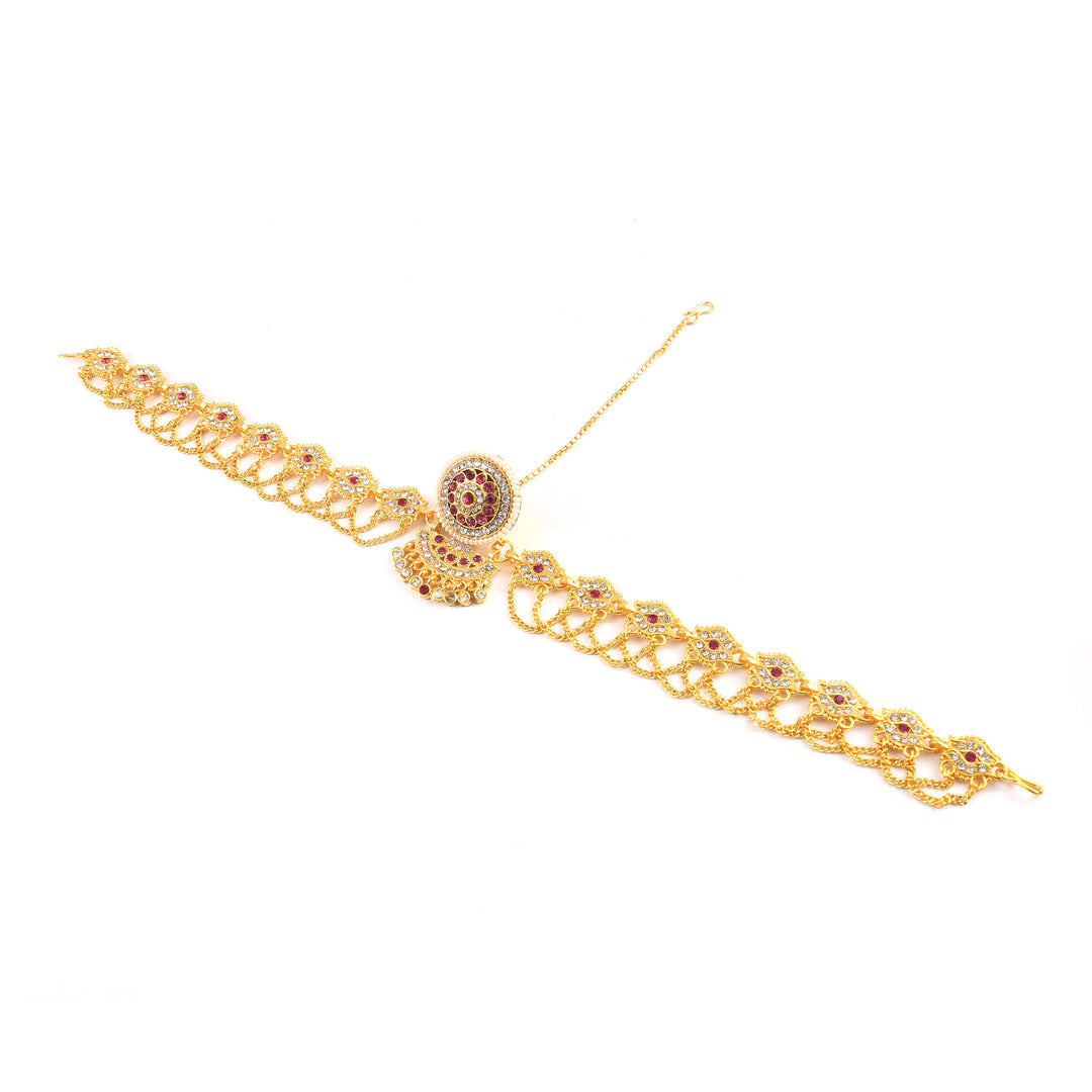 Gold-Plated American Diamond-Studded & Beaded Rajasthani Maangtika