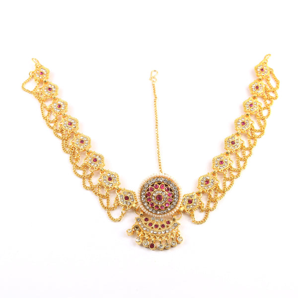 Gold-Plated American Diamond-Studded & Beaded Rajasthani Maangtika