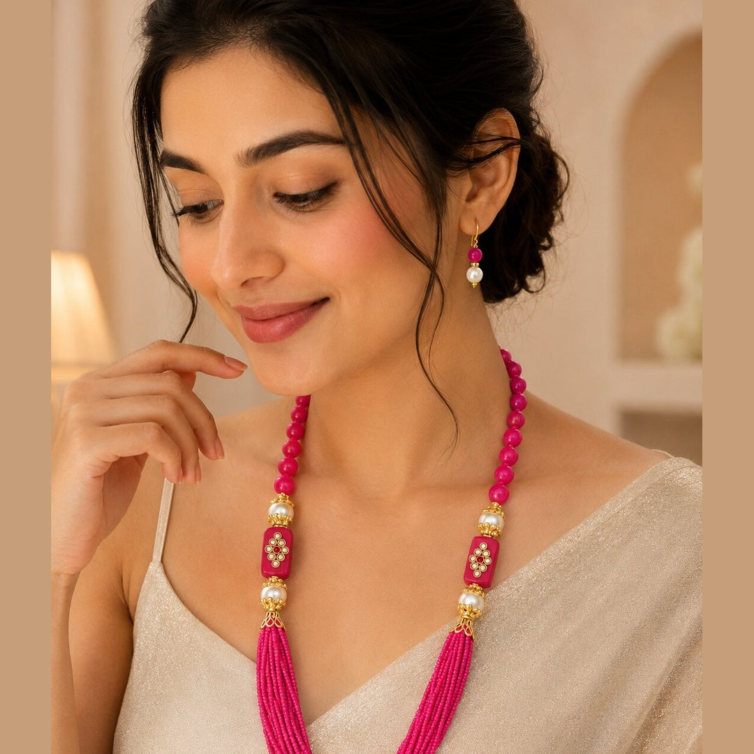 Gold-Plated Kundan-Studded & Pearl-Beaded Jewellery Set