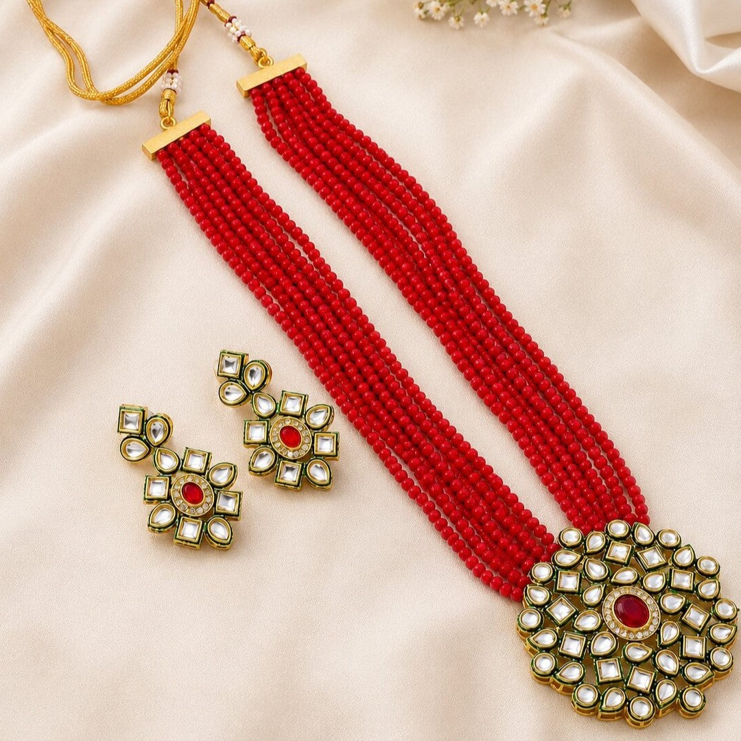 Gold-Plated White Kundan Studded & Crystals Beaded Long Jewellery Set