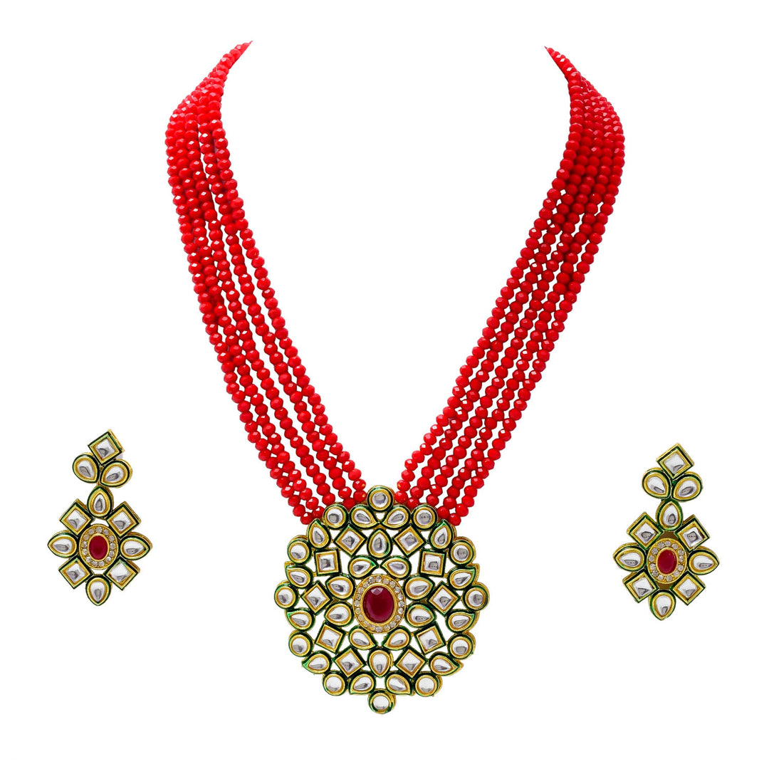 Gold-Plated White Kundan Studded & Crystals Beaded Long Jewellery Set