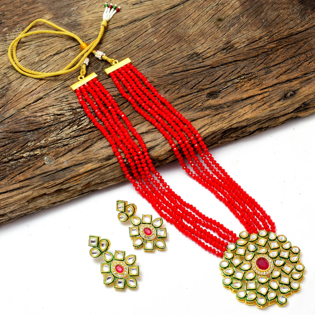 Gold-Plated White Kundan Studded & Crystals Beaded Long Jewellery Set