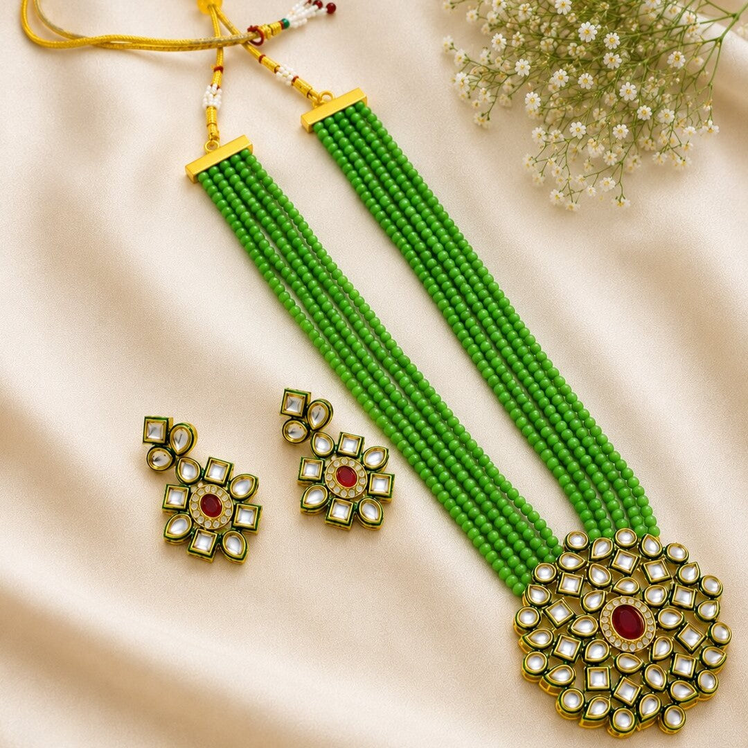 Gold-Plated White Kundan Studded & Crystals Beaded Long Jewellery Set