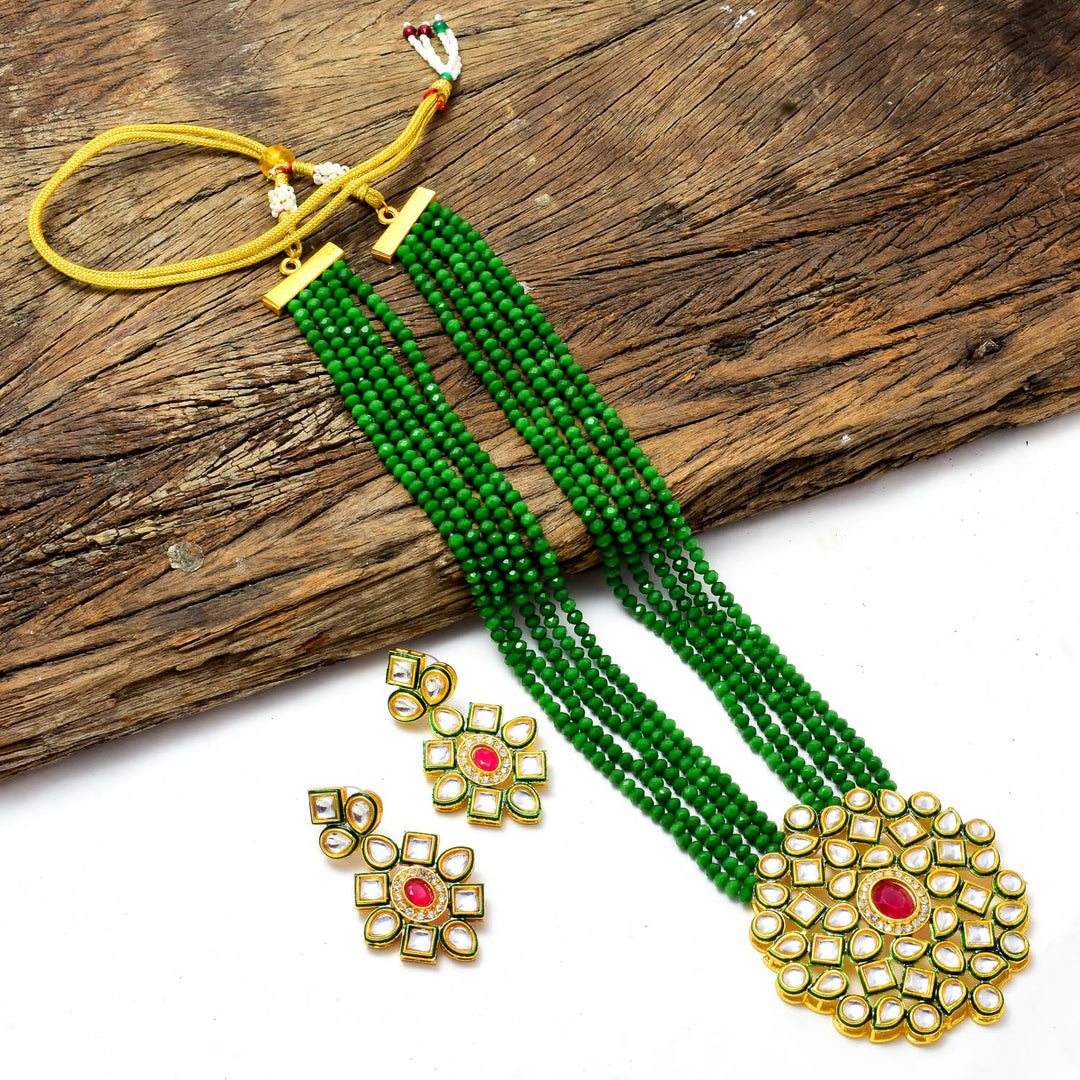 Gold-Plated White Kundan Studded & Crystals Beaded Long Jewellery Set