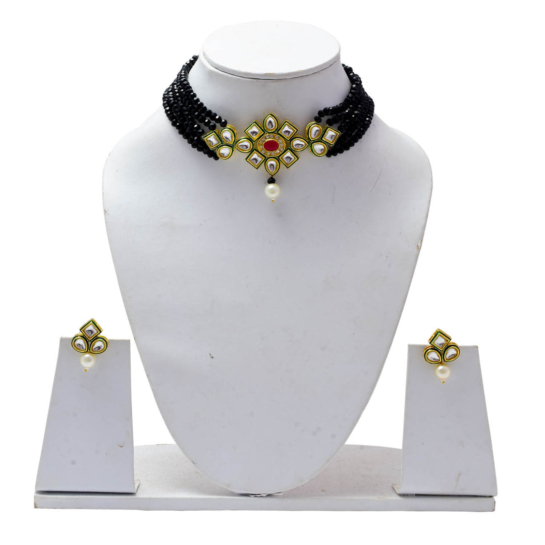 Crystal Layered Gold Plated Meena Work Necklace Set With Matching Earrings For Women And Girls