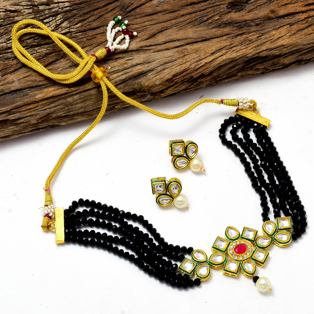 Crystal Layered Gold Plated Meena Work Necklace Set With Matching Earrings For Women And Girls