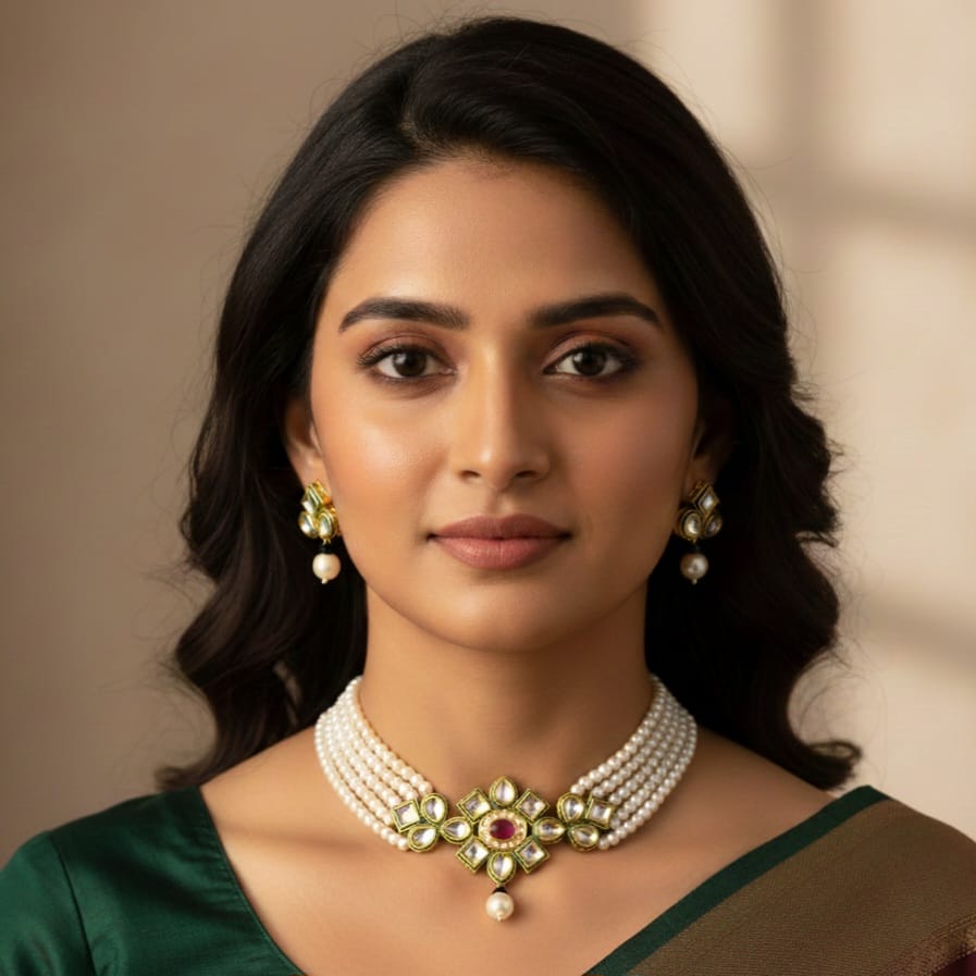 Crystal Layered Gold Plated Meena Work Necklace Set With Matching Earrings For Women And Girls