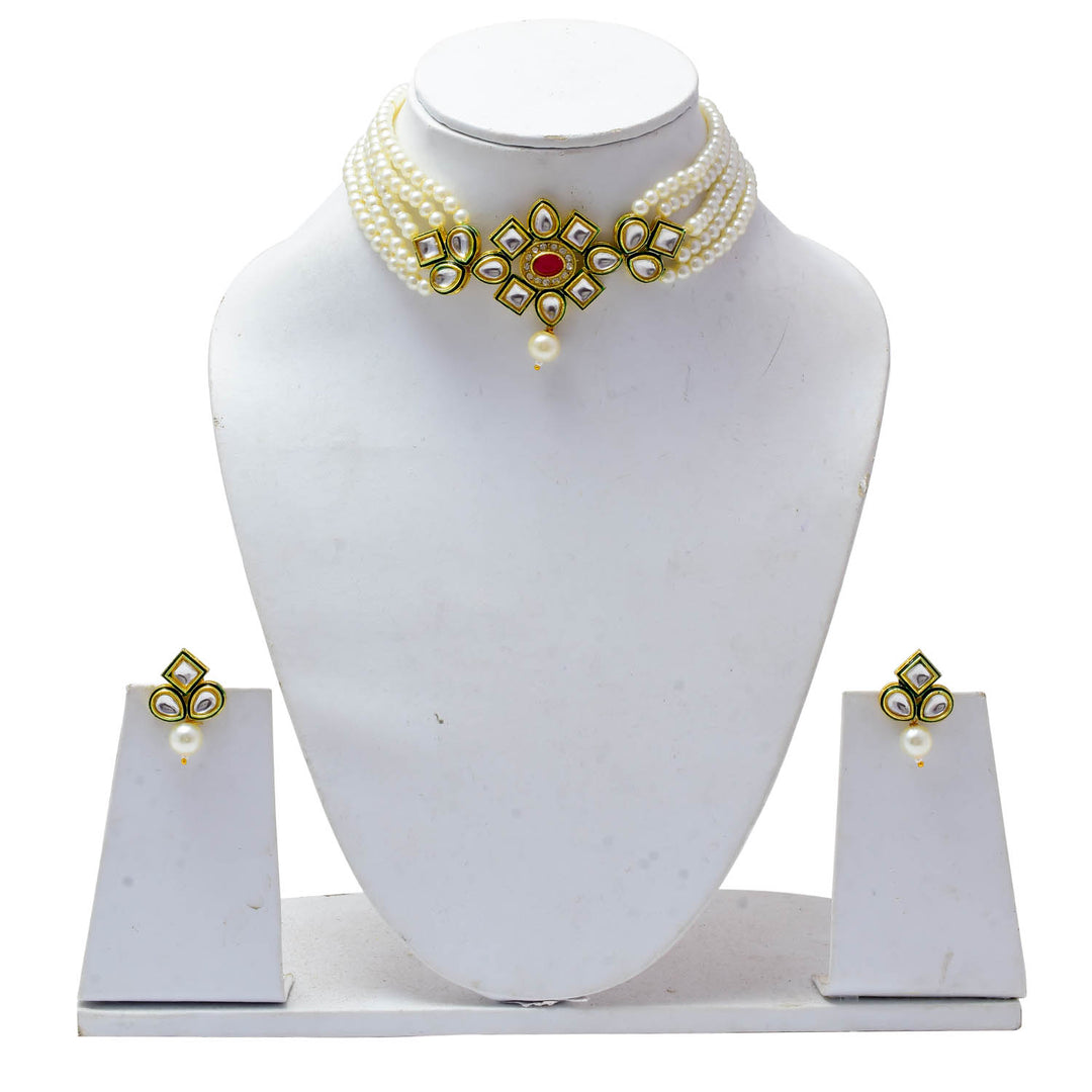 Crystal Layered Gold Plated Meena Work Necklace Set With Matching Earrings For Women And Girls