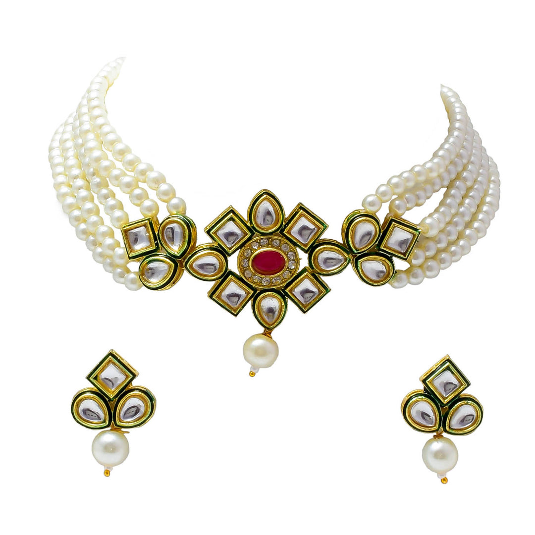 Crystal Layered Gold Plated Meena Work Necklace Set With Matching Earrings For Women And Girls