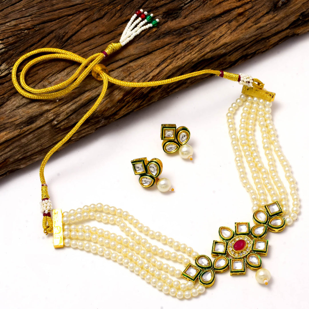 Crystal Layered Gold Plated Meena Work Necklace Set With Matching Earrings For Women And Girls