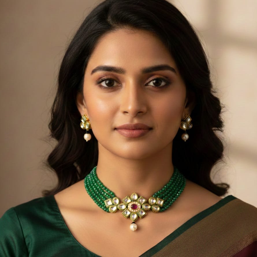 Crystal Layered Gold Plated Meena Work Necklace Set With Matching Earrings For Women And Girls