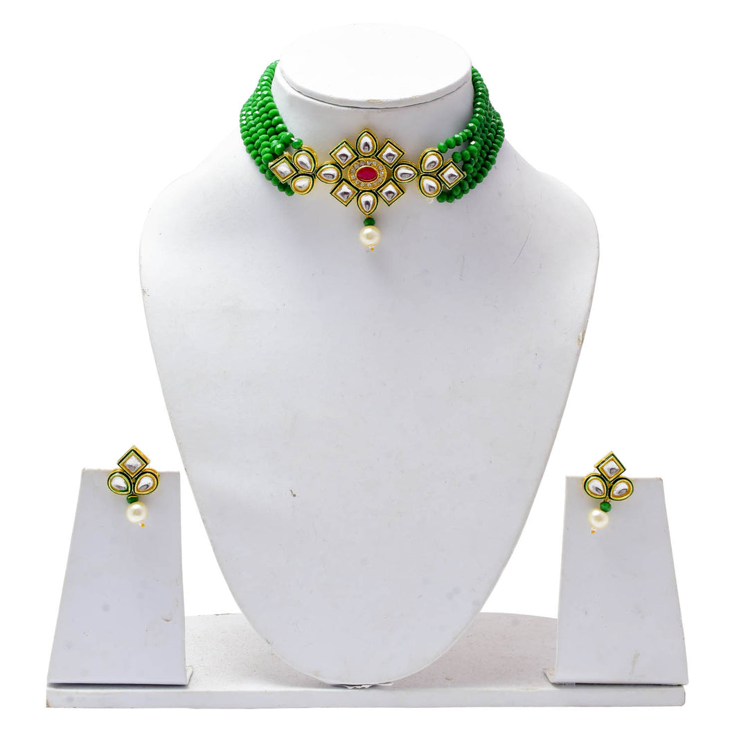 Crystal Layered Gold Plated Meena Work Necklace Set With Matching Earrings For Women And Girls