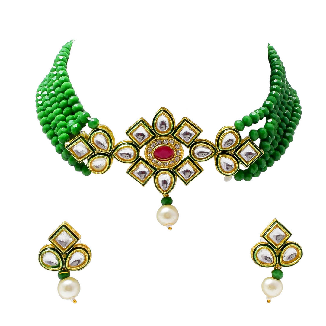 Crystal Layered Gold Plated Meena Work Necklace Set With Matching Earrings For Women And Girls