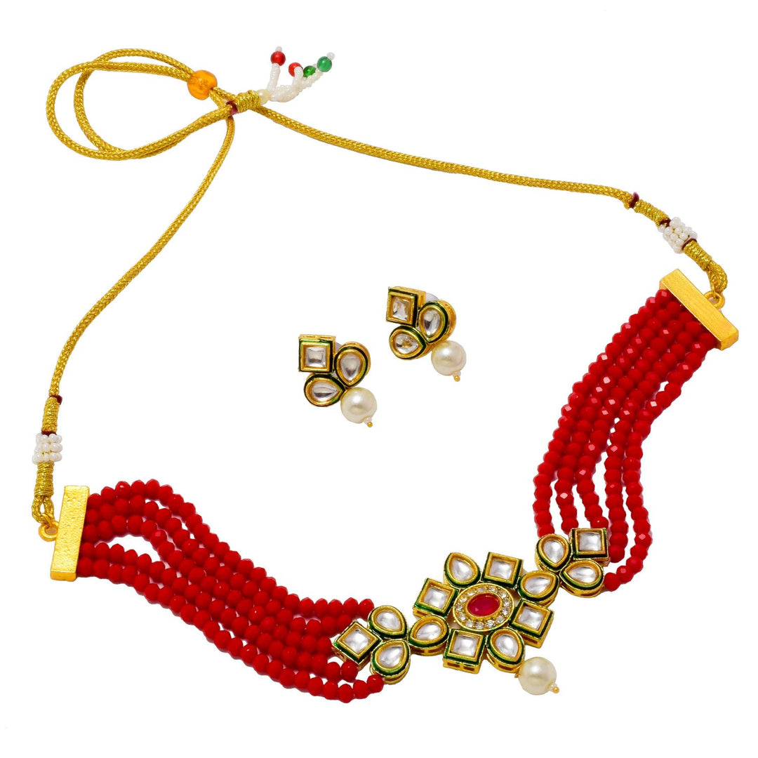 Crystal Layered Gold Plated Meena Work Necklace Set With Matching Earrings For Women And Girls
