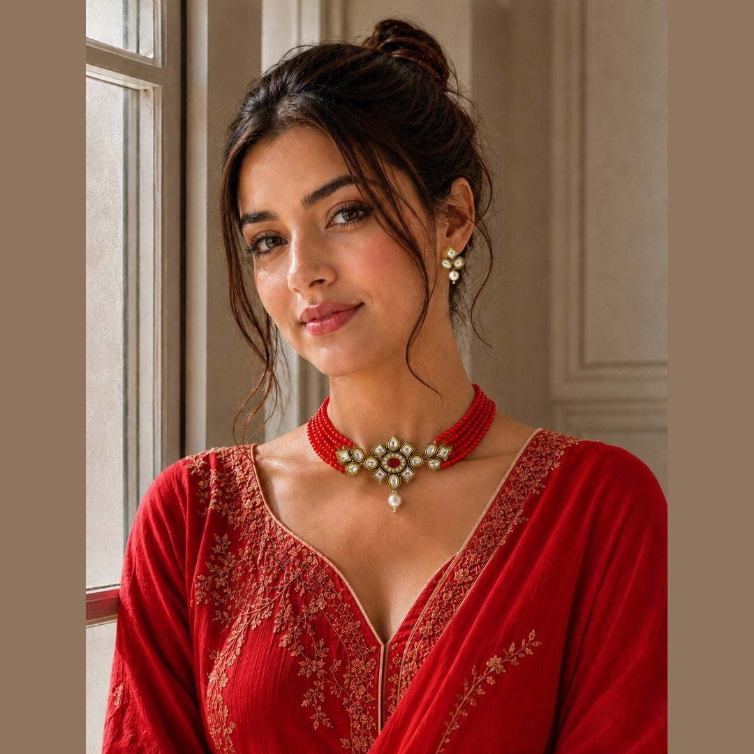 Crystal Layered Gold Plated Meena Work Necklace Set With Matching Earrings For Women And Girls