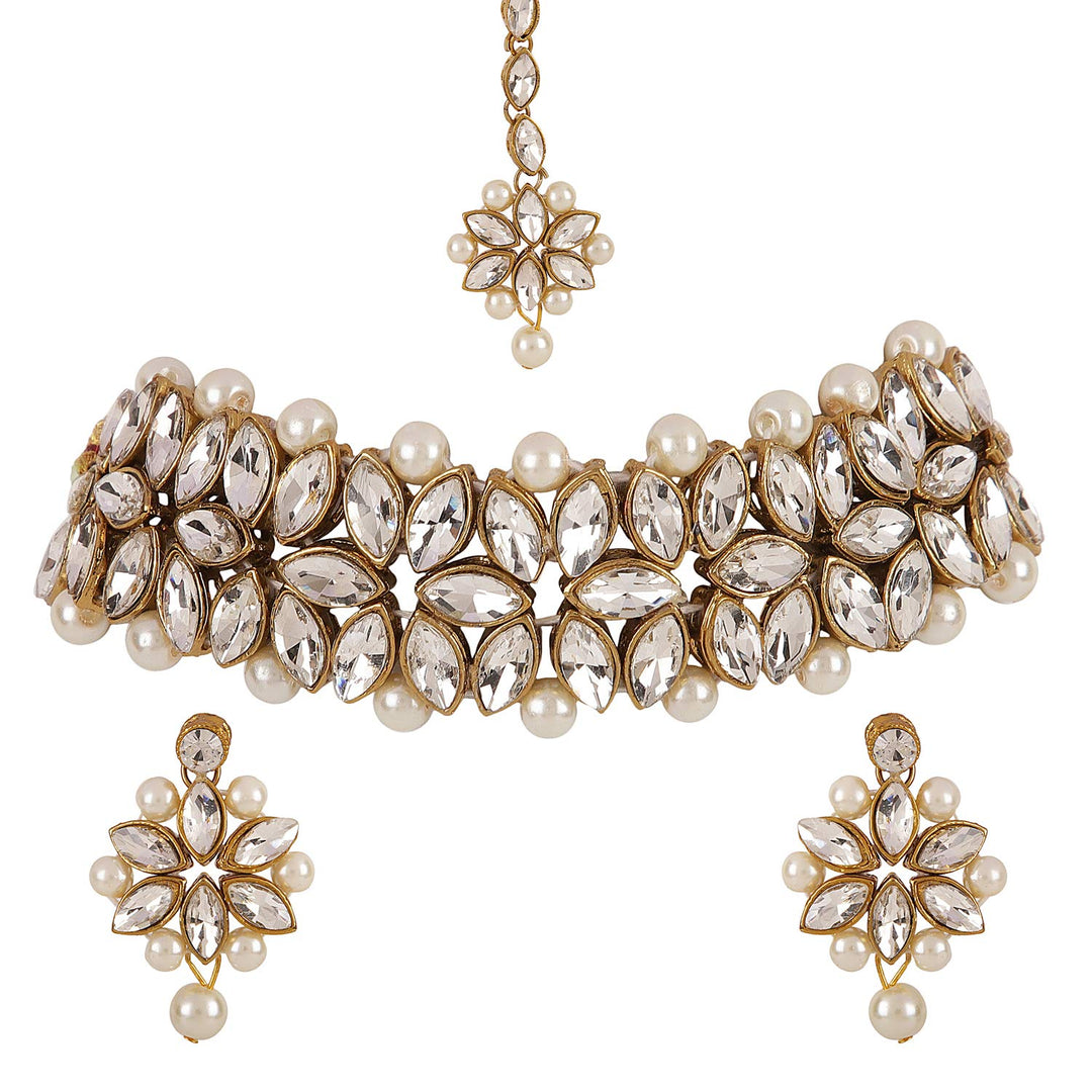 Antique Kundan & Pearl Work Choker With Tika For Women