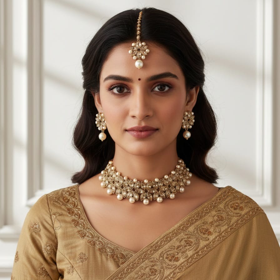 Antique Kundan & Pearl Work Choker With Tika For Women