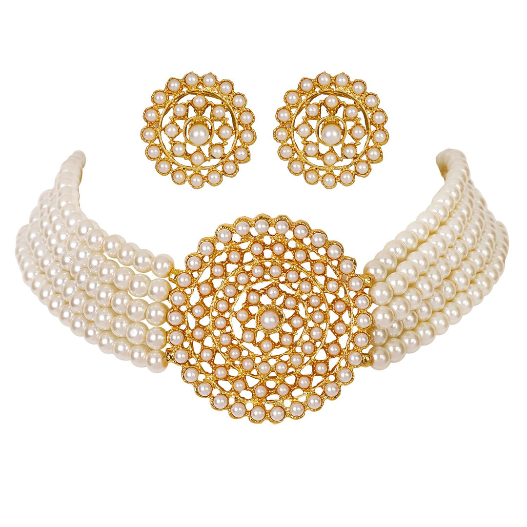 White Gold Plated Pearl Work Choker For Women